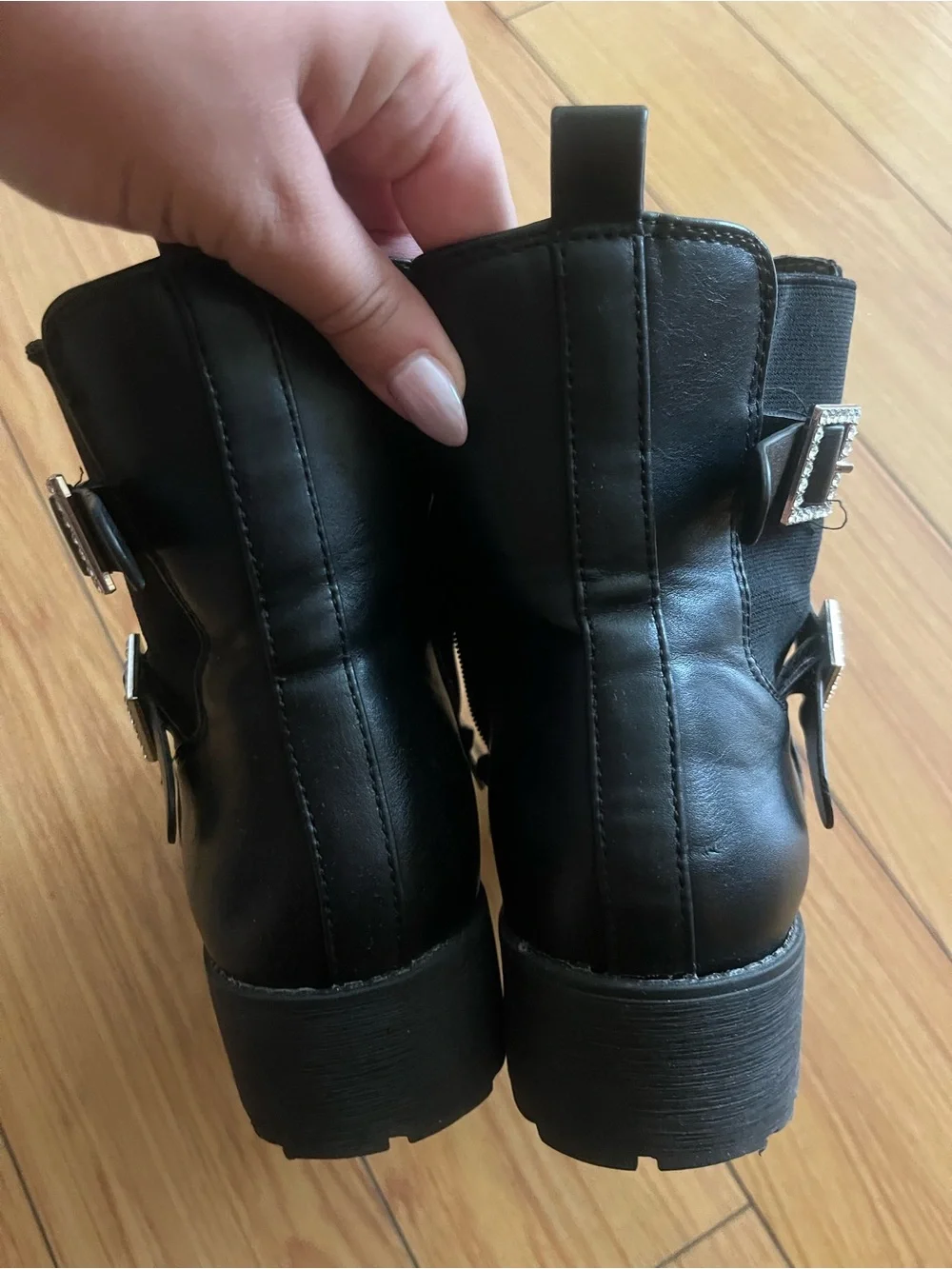 Elditas Stella Black Rhinestone Buckle Moto Ankle Boots Lug Sole Womens